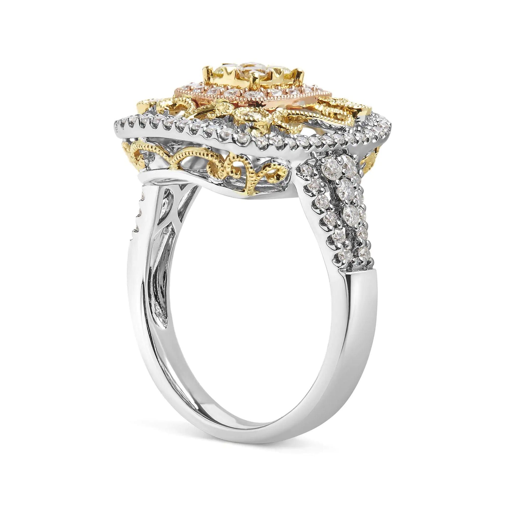 14K Tri-Toned Gold 1.00 Cttw Yellow Diamond Halo and Milgrain CocktailIntroducing a dazzling masterpiece, this 14K Tri-Toned Gold Cocktail Cluster Ring is a breathtaking piece that will leave you spellbound. Crafted with love from 14K 14K Tri-Toned Gold 114K Tri-Toned Gold 1