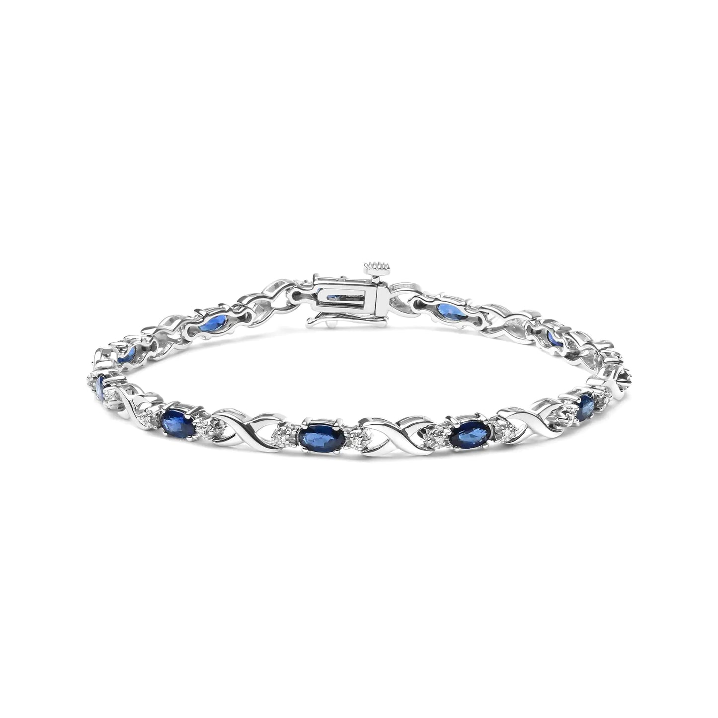 10K white gold blue sapphire and diamond X-link bracelet, elegant jewelry.