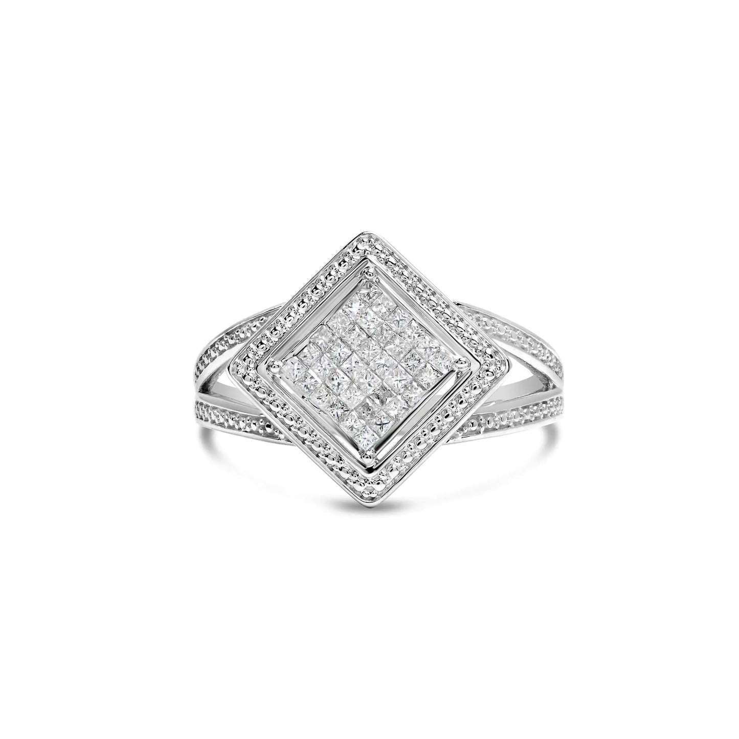 Sterling silver rhombus halo ring with invisible set princess-cut diamonds.