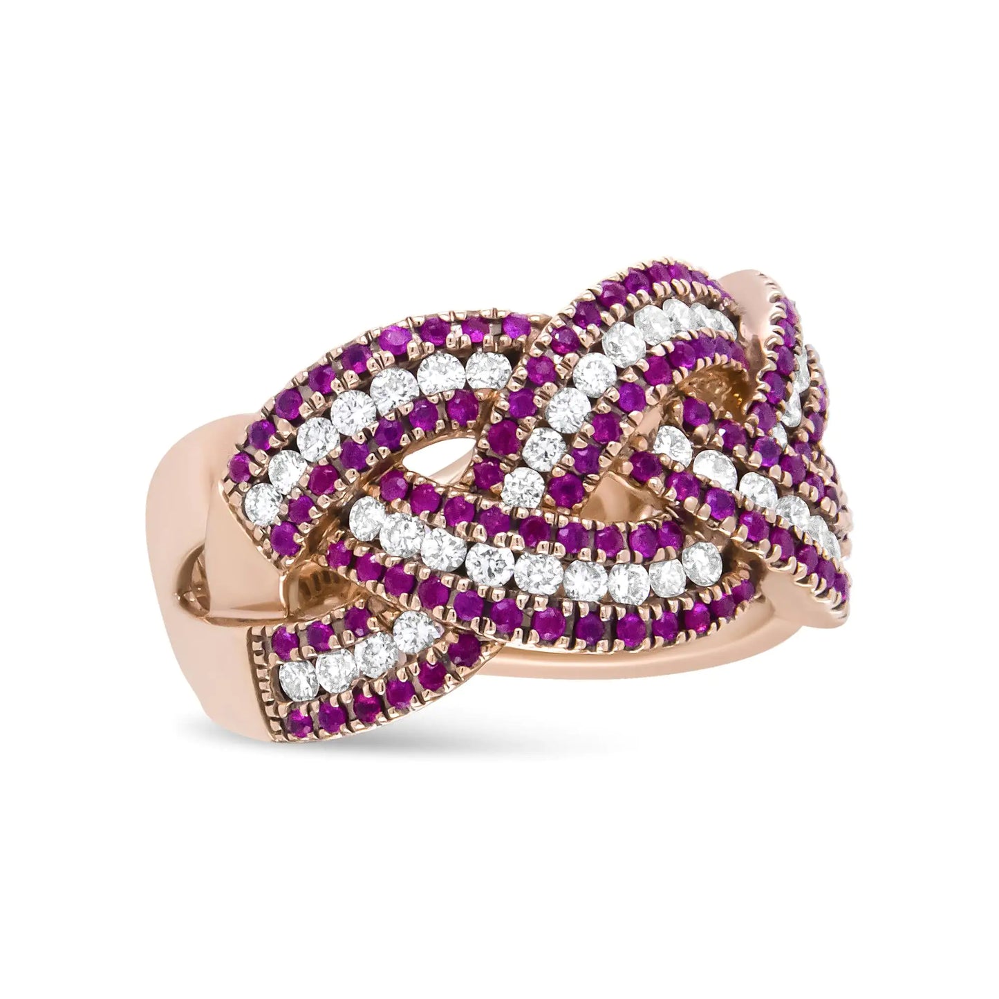 18K Rose Gold Red Ruby and 7/8 Cttw Diamond Woven Braided Band Ring (FRubies and diamonds dance delicately across this 18k rose gold band. Crafted with an intricate, bypass design, this ring is set with a total carat weight of 7/8 c.t.18K Rose Gold Red Ruby18K Rose Gold Red Ruby