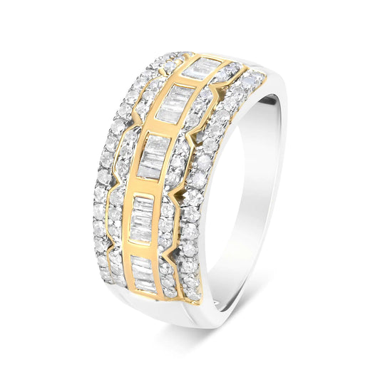 10K white and yellow gold multi-row diamond art deco ring with baguette and round cut diamonds.