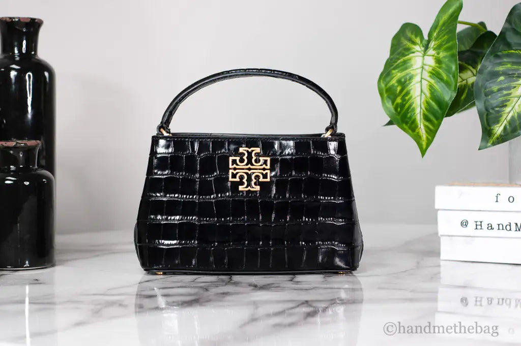 Tory Burch Small Black Crocodile Embossed Leather Micro Satchel Handbag