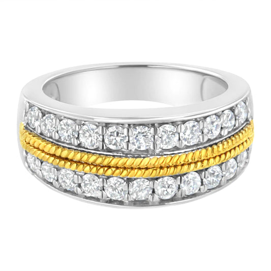 White gold plated sterling silver band ring with lab-grown diamonds in two rows, featuring 10k yellow gold accents.