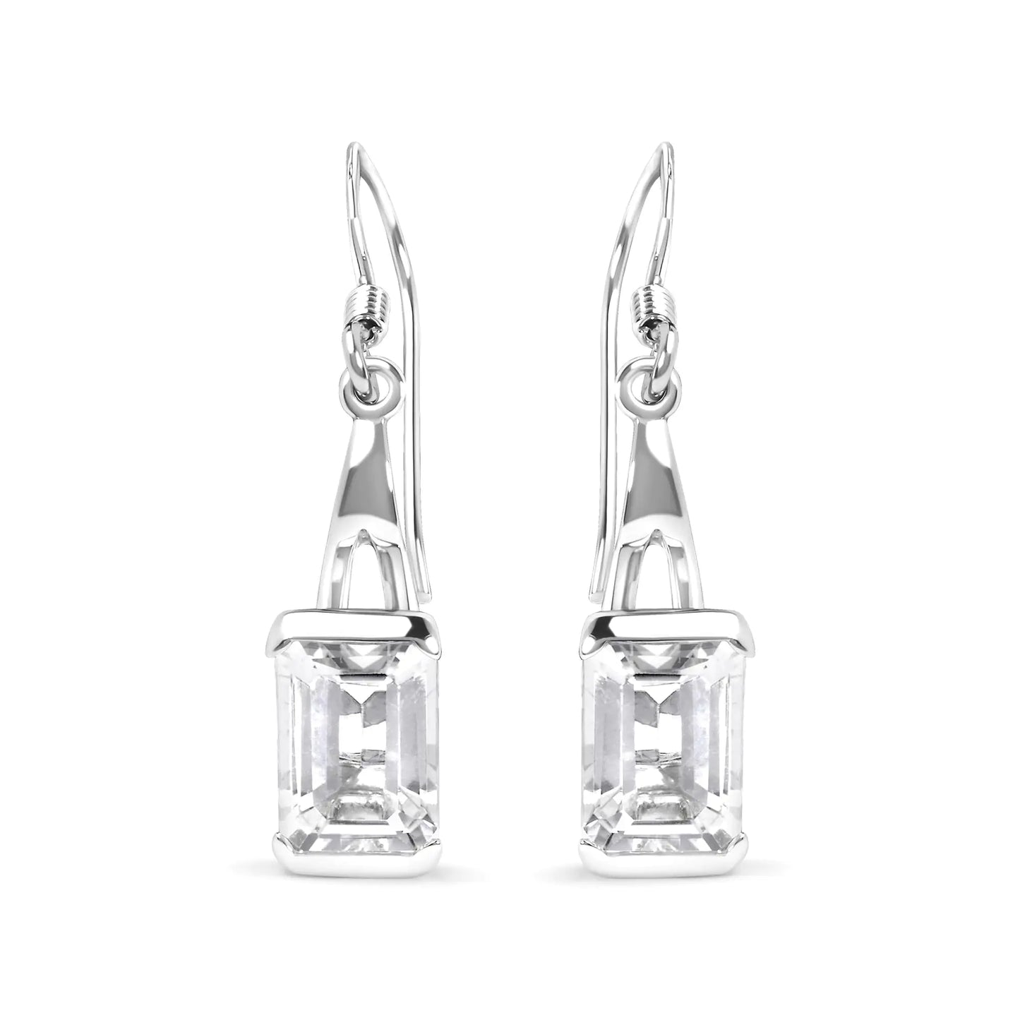 Sterling silver emerald cut white topaz solitaire dangle earrings with lever-back.