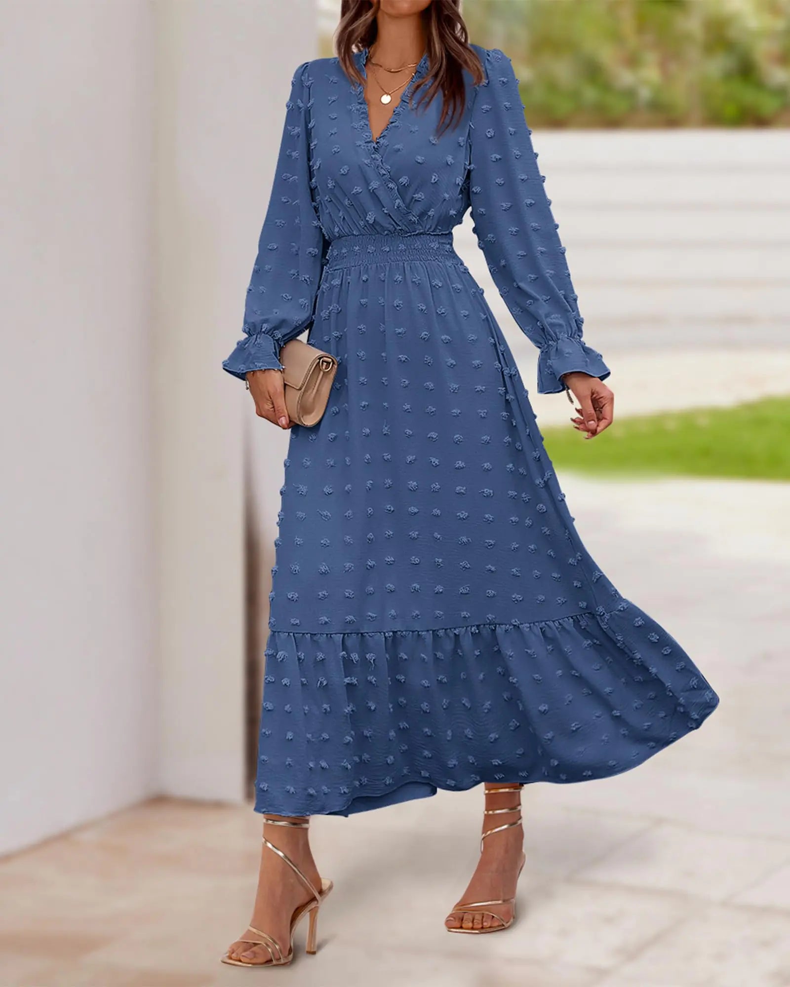 Women Fall Dresses 2024 Long Sleeve V Neck Swiss Dots Maxi Dress Boho Long Dress High Waisted A-Line Ruffle Dress