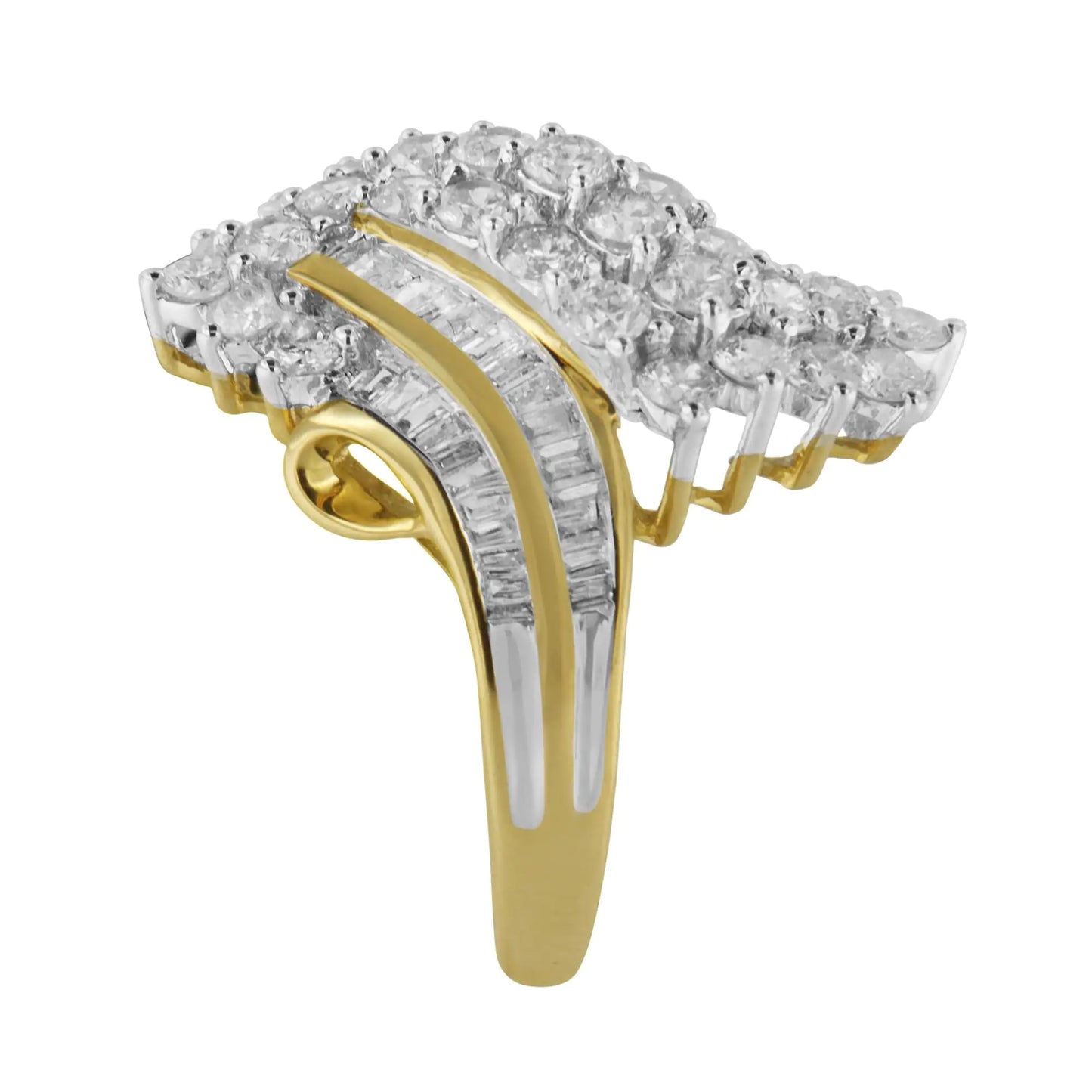 10kt Yellow Gold Diamond Cluster Ring (2 5/8 cttw, H-I Color, SI2-I1 CA diamond cluster ring that glistens with a striking 81 diamonds arranged in a retro style. The mix of round brilliant cut and baguette diamonds adds a geometric con10kt Yellow Gold Diamond Cluster Ring (2 5/8 cttw,Rings10kt Yellow Gold Diamond Cluster Ring (2 5/8 cttw,