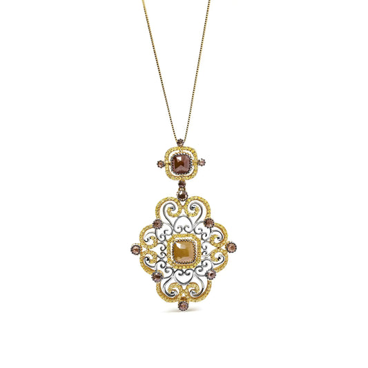 14K White and Yellow Gold 4.0 Cttw Fancy Color Rose Cut Diamond Antique Style Pendant Necklace.