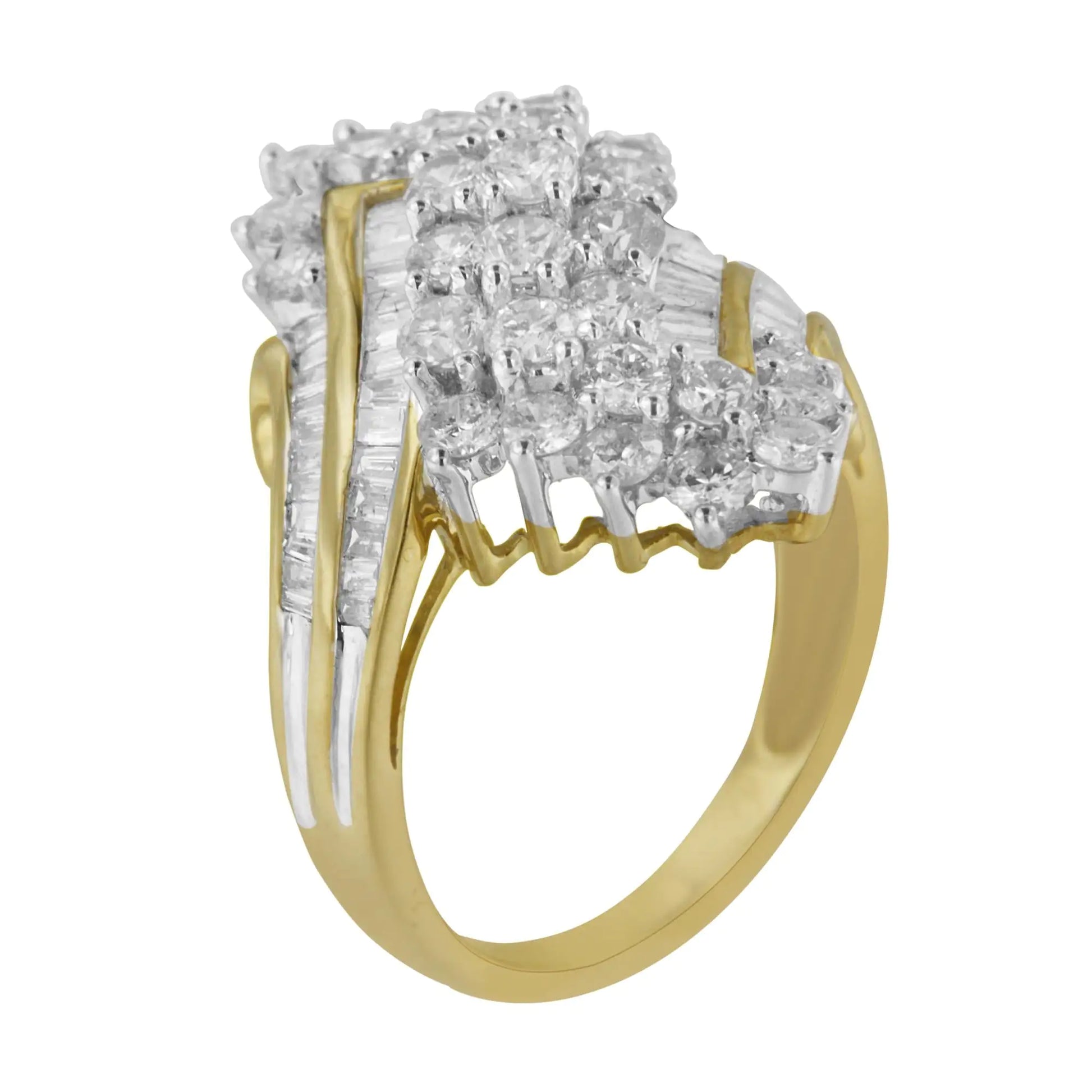 10kt Yellow Gold Diamond Cluster Ring (2 5/8 cttw, H-I Color, SI2-I1 CA diamond cluster ring that glistens with a striking 81 diamonds arranged in a retro style. The mix of round brilliant cut and baguette diamonds adds a geometric con10kt Yellow Gold Diamond Cluster Ring (2 5/8 cttw,Rings10kt Yellow Gold Diamond Cluster Ring (2 5/8 cttw,