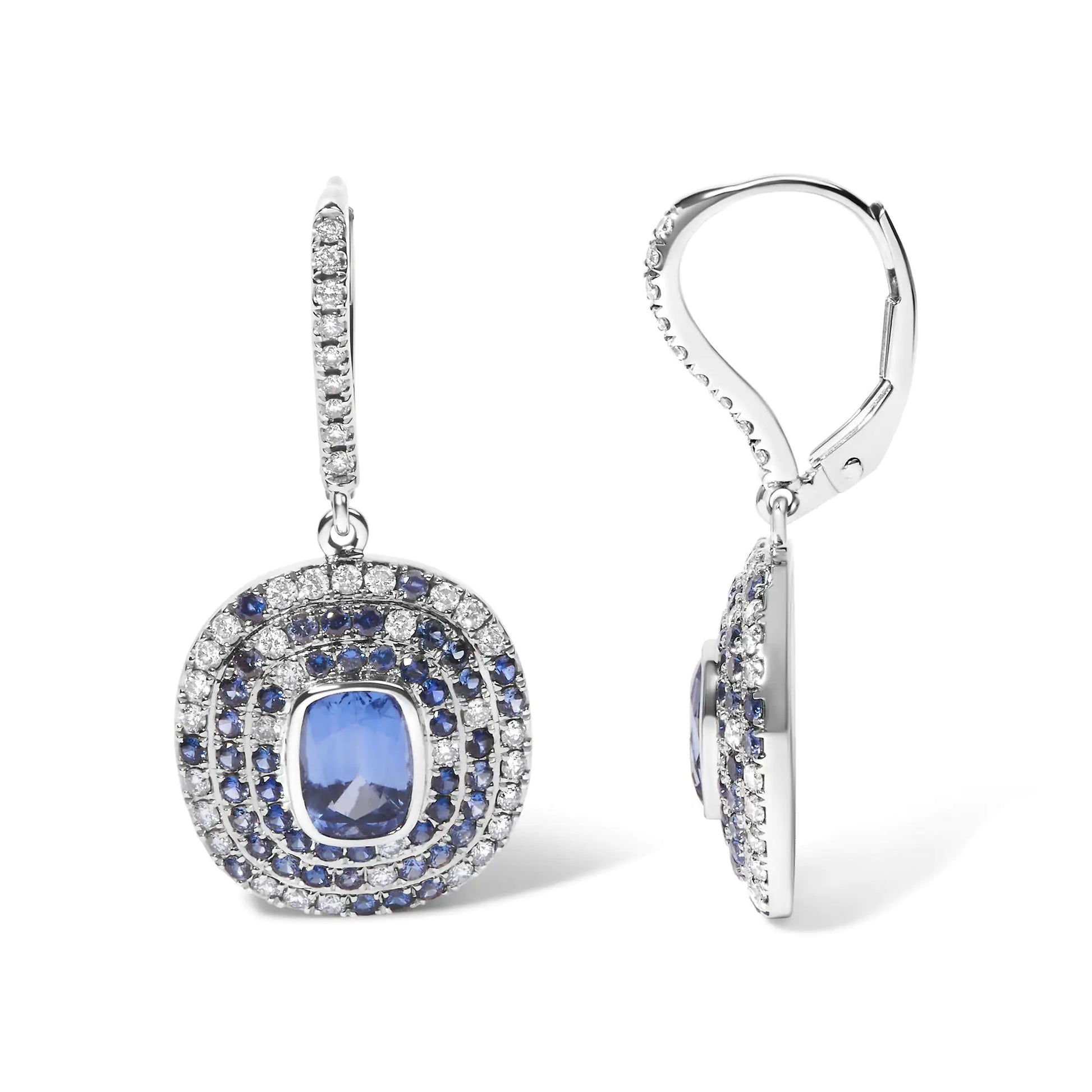 18K White Gold Natural Blue Sapphire and Diamond Scattered Halo Drop aStep into a realm of timeless elegance with our 18K White Gold Natural Blue Sapphire and Diamond Scattered Halo Drop and Dangle Lever back Earrings. Adorned with 96 18K White Gold Natural Blue Sapphire18K White Gold Natural Blue Sapphire