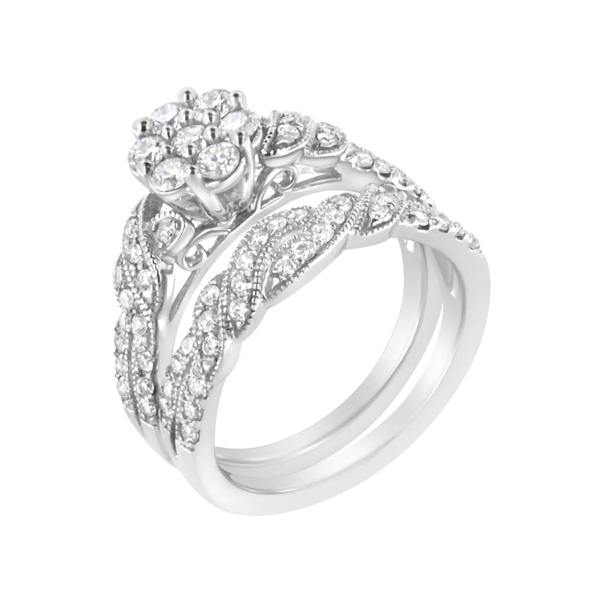 Sterling Silver  Lab Grown Diamond Engagement Ring and Band SetCelebrate your love with this stunning 1 ct. t.w. engagement ring and band set, designed to captivate with its elegant braided silver bands and a dazzling floral diaSterling Silver Lab Grown Diamond Engagement RingSterling Silver Lab Grown Diamond Engagement Ring