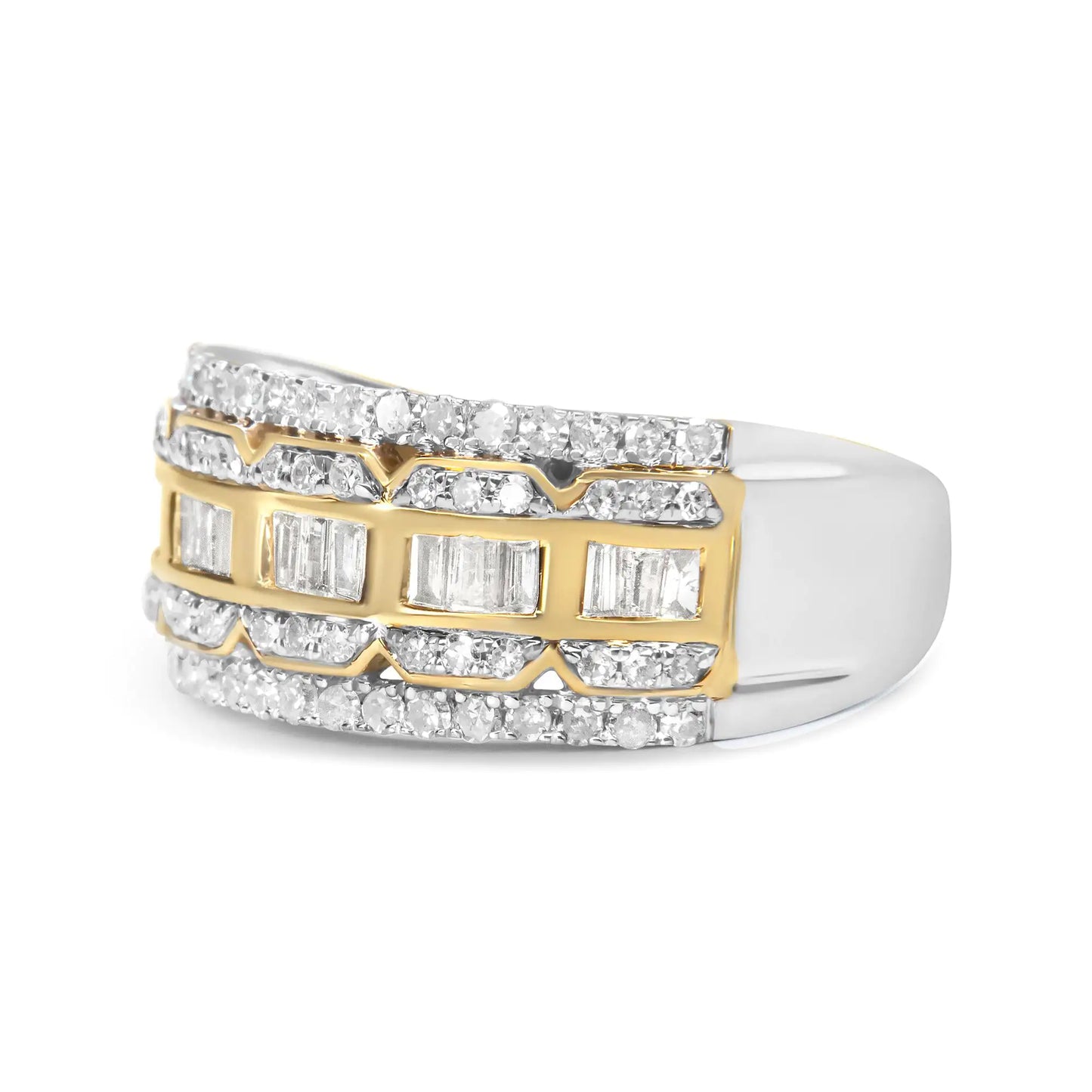 10K White and Yellow Gold 1.00 Cttw Baguette and Round cut Diamond ArtMake a statement with this exquisite art deco inspired ring. Made in 10k white and yellow gold, this piece showcases 1ct TDW of diamonds. A row of baguette cut diamoYellow Gold 1RingsYellow Gold 1