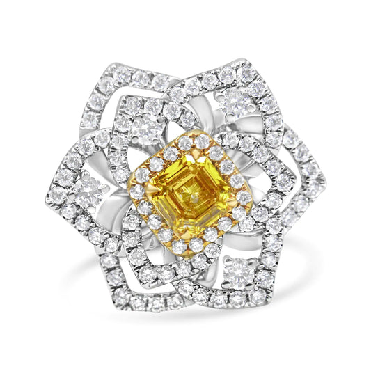 18K White and Yellow Gold 1.75 Cttw Yellow Asscher Lab Grown Center DiShowcase your commitment to your loved one with this glamorous and beautiful 1.75 c.t. diamond fashion engagement ring. At the center of this ring is a stunning lab-75 Cttw Yellow Asscher Lab Grown Center Diamond Floral Cluster Ring Yellow75 Cttw Yellow Asscher Lab Grown Center Diamond Floral Cluster Ring Yellow