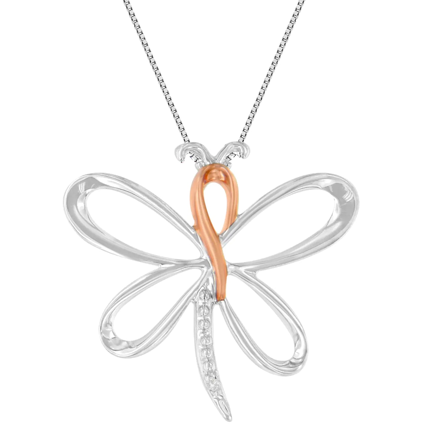 10K Rose Gold over .925 Sterling Silver Diamond-Accented Dragonfly 18"This stunning two-tone 10K rose gold and sterling silver pendant necklace features a dragonfly shaped pendant with a 10K rose gold coated thorax and silver wings and10K Rose GoldNecklace10K Rose Gold