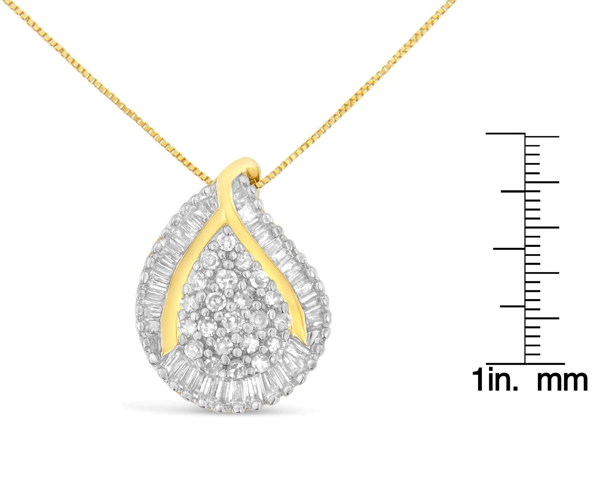 10K Yellow Gold Mixed-Cut Diamond Tear Drop Pendant Necklace (0.5 cttwIf she's wishing for an unforgettable surprise, here it is! Glittering round and baguette cut diamonds create a stunning tear drop design, while a yellow gold accent10K Yellow Gold Mixed-Cut Diamond Tear Drop Pendant Necklace 0Necklaces10K Yellow Gold Mixed-Cut Diamond Tear Drop Pendant Necklace 0