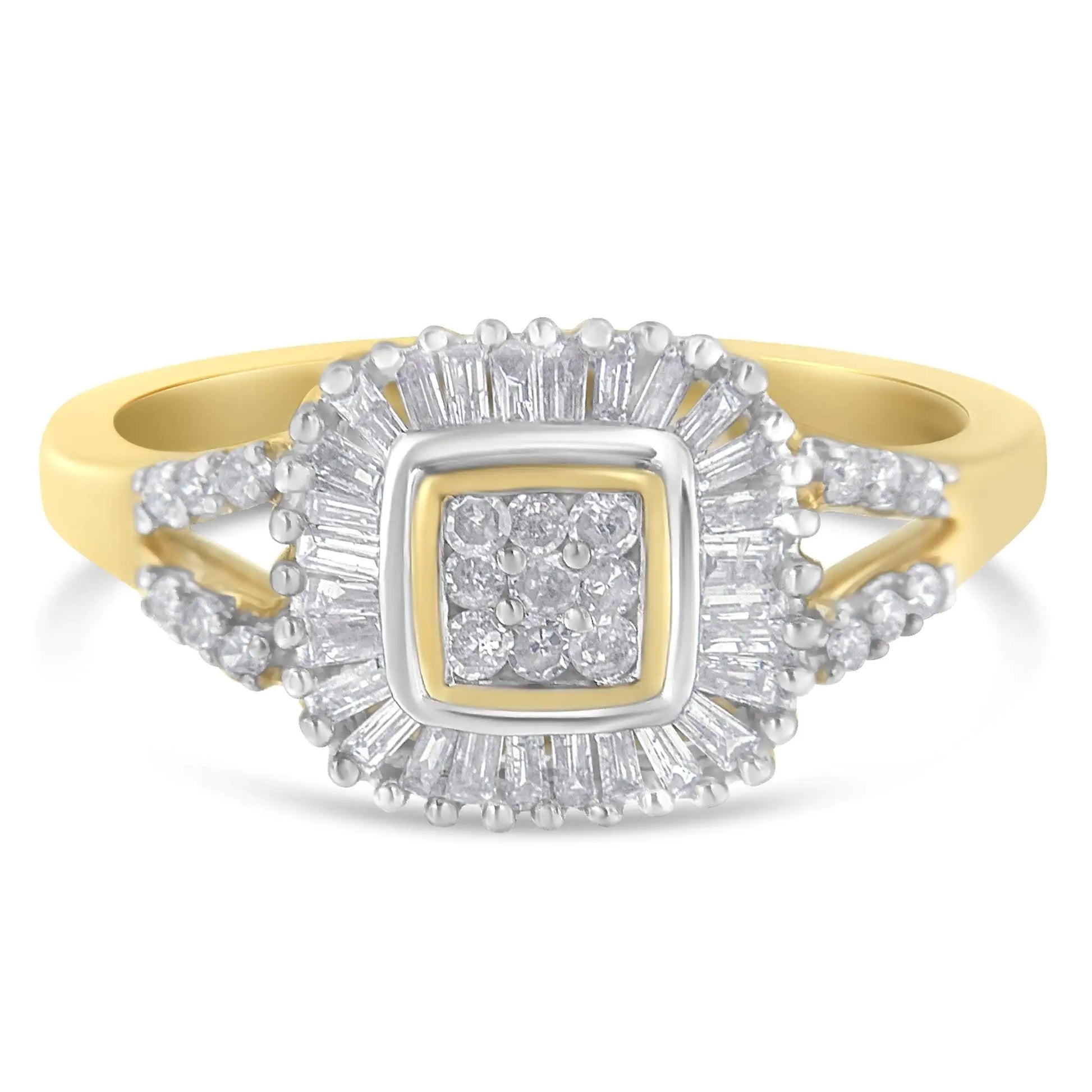 10K Yellow Gold Round and Baguette Cut Diamond Ballerina Ring (1/2 cttA stunning 10k yellow gold 1/2ct Ballerina diamond ring. Nine dazzling round diamonds are framed by baguette cut diamonds in a channel setting. Two ribbons split apa10K Yellow Gold Round10K Yellow Gold Round