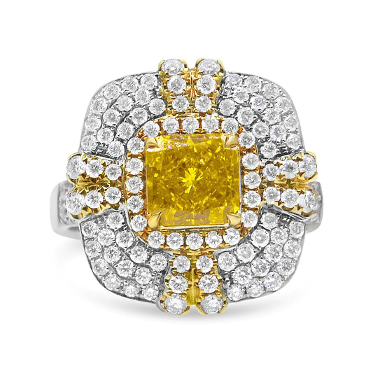 18K White and Yellow Gold 2.15 Cttw Yellow Radiant Lab Grown Center DiExpertly designed in an art-deco yet modern style, this striking fashion engagement ring showcases a central radiant-cut, lab-grown diamond in a stunning yellow colo15 Cttw Yellow Radiant Lab Grown Center Diamond Halo Framed Cocktail Ring Yellow15 Cttw Yellow Radiant Lab Grown Center Diamond Halo Framed Cocktail Ring Yellow