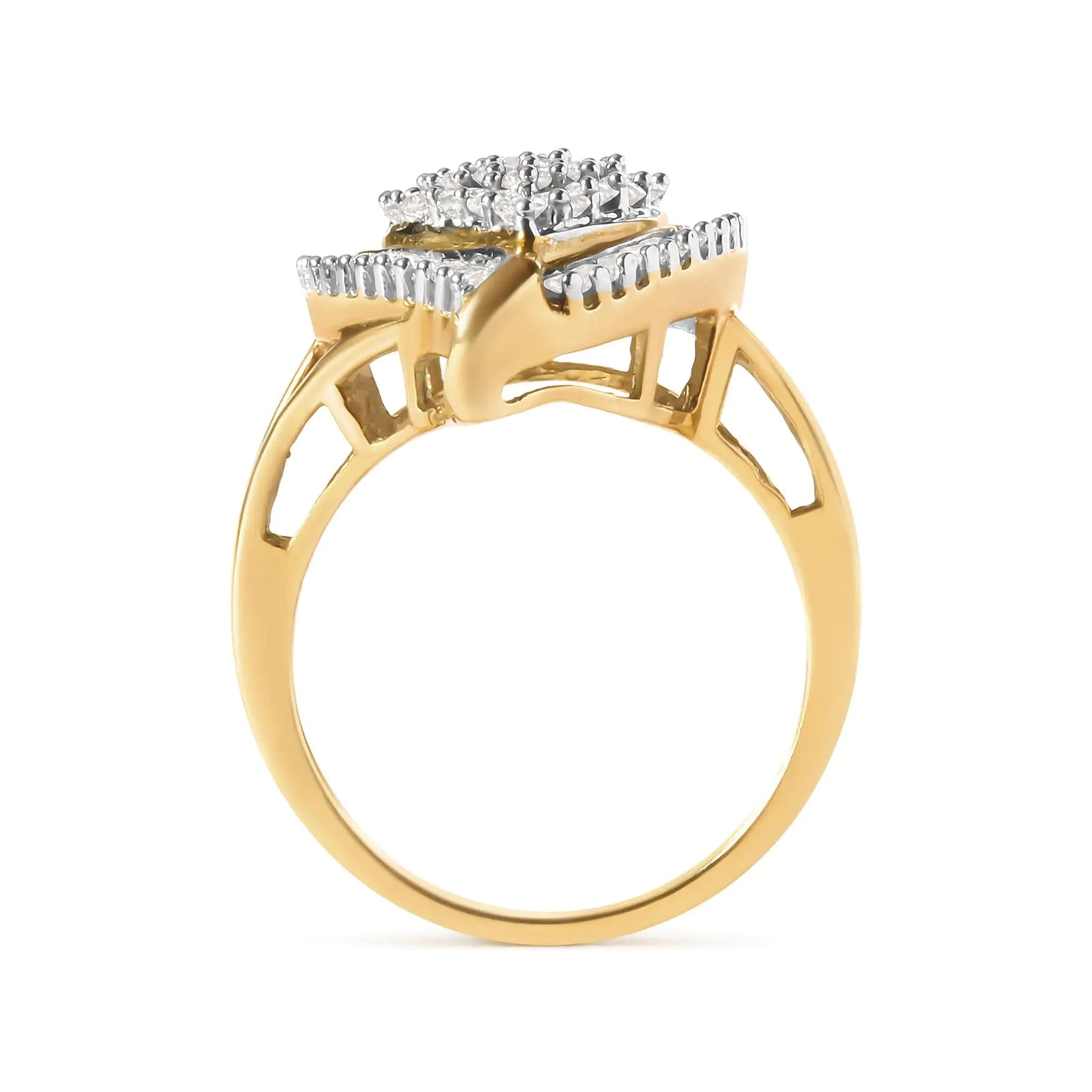 10K Yellow Gold 1 Cttw Round and Baguette Cut Diamond Ballerina ClusteIndulge in the elegance of this 10K Yellow Gold Ballerina Cluster Ring, adorned with 66 natural diamonds totaling 1.0 cttw. The round and baguette cut diamonds are c10K Yellow Gold 1 Cttw Round10K Yellow Gold 1 Cttw Round