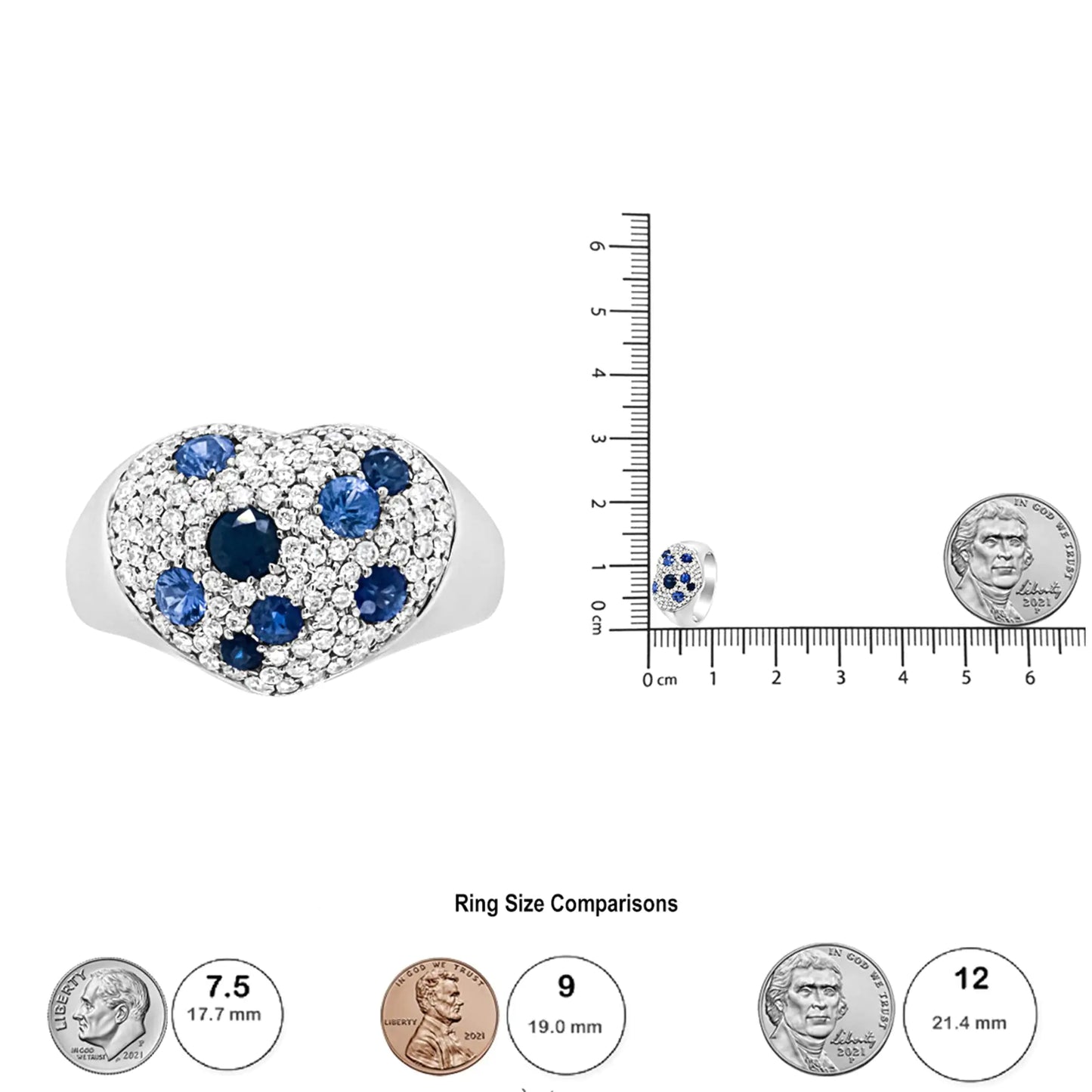 18K White Gold Blue Sapphire and 5/8 Cttw Diamond Cluster Heart ShapedThis piece embodies the phrase "a heart of gold." A beautiful cluster of natural white diamonds is the central motif of this 18k white gold ring. The cluster also ha18K White Gold Blue SapphireRings18K White Gold Blue Sapphire