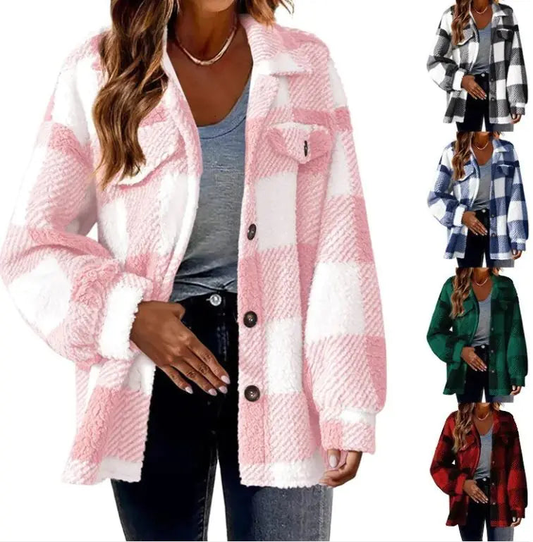 Plush Plaid Women's Autumn And Winter Open Button Lapel Thermal Plaid Pattern Jacket