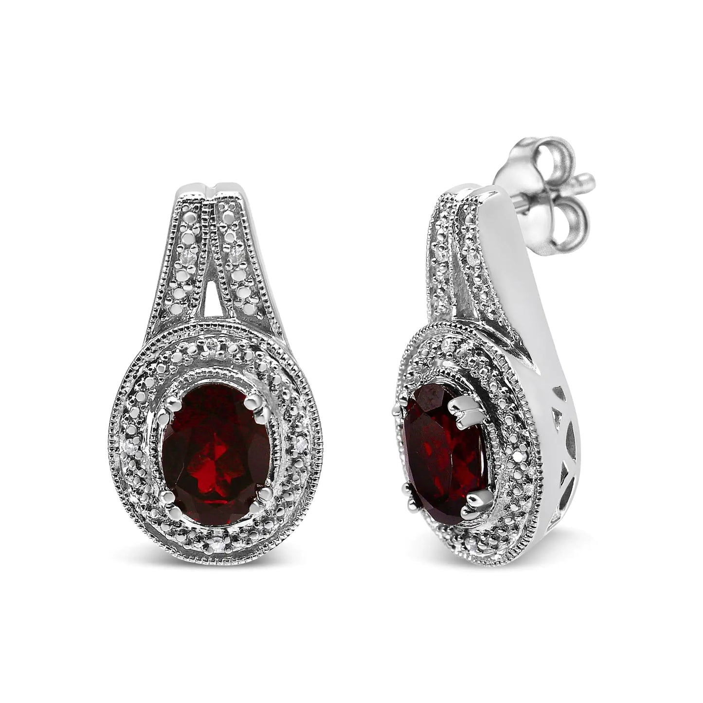 .925 Sterling Silver Diamond Accent and 8x6mm Red Oval Garnet Stud EarExuding a regal charm in deep red, this pair of fashion stud earrings is simply elegant. The bold 8*6mm oval-shaped garnet gemstone is surrounded with a pretty milgr8x6mm Red Oval Garnet Stud Earrings (8x6mm Red Oval Garnet Stud Earrings (