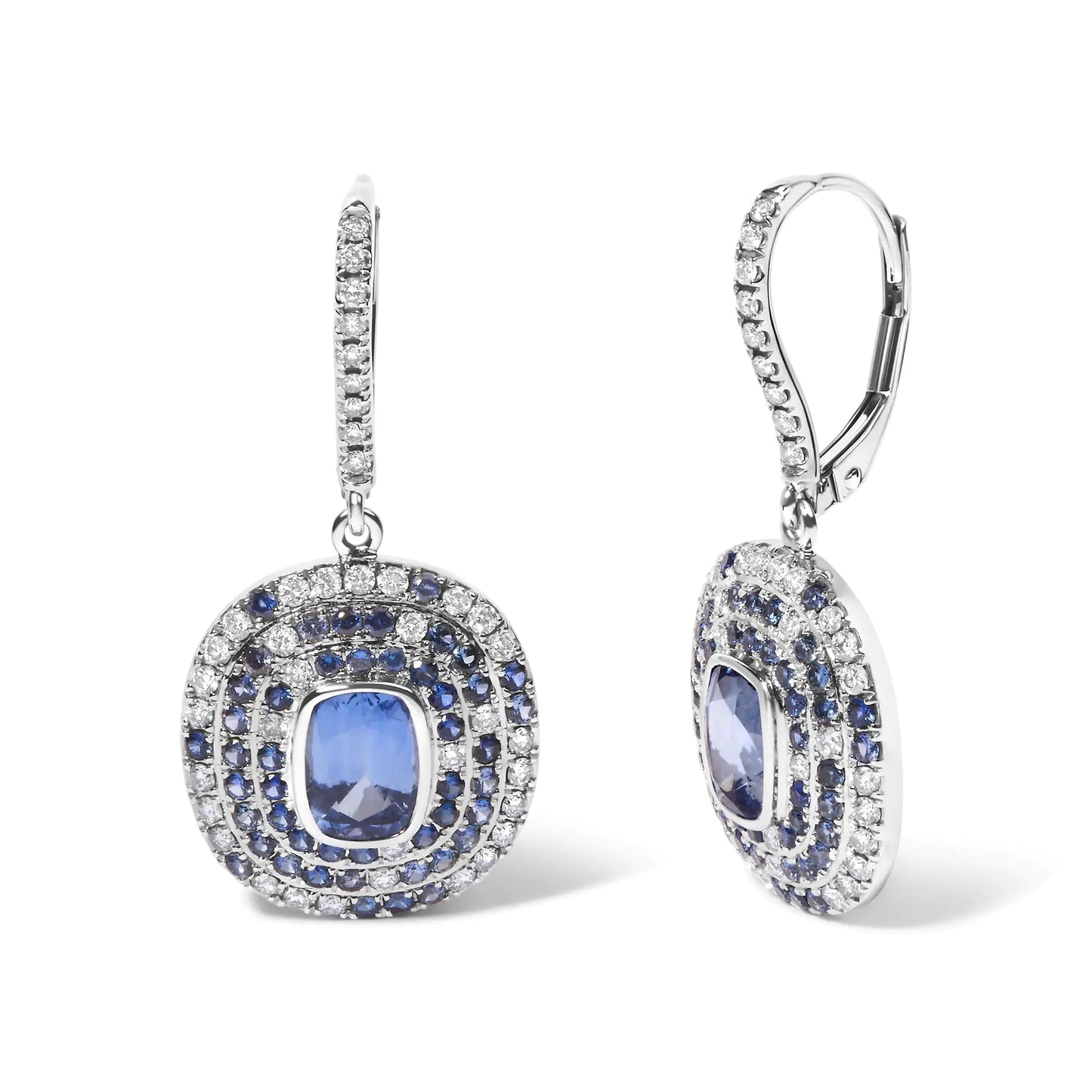 18K White Gold Natural Blue Sapphire and Diamond Scattered Halo Drop aStep into a realm of timeless elegance with our 18K White Gold Natural Blue Sapphire and Diamond Scattered Halo Drop and Dangle Lever back Earrings. Adorned with 96 18K White Gold Natural Blue Sapphire18K White Gold Natural Blue Sapphire