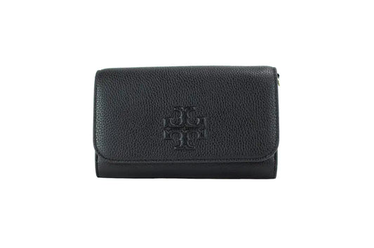 Tory Burch Thea Small Black Pebble Leather Flat Wallet Crossbody Handbag