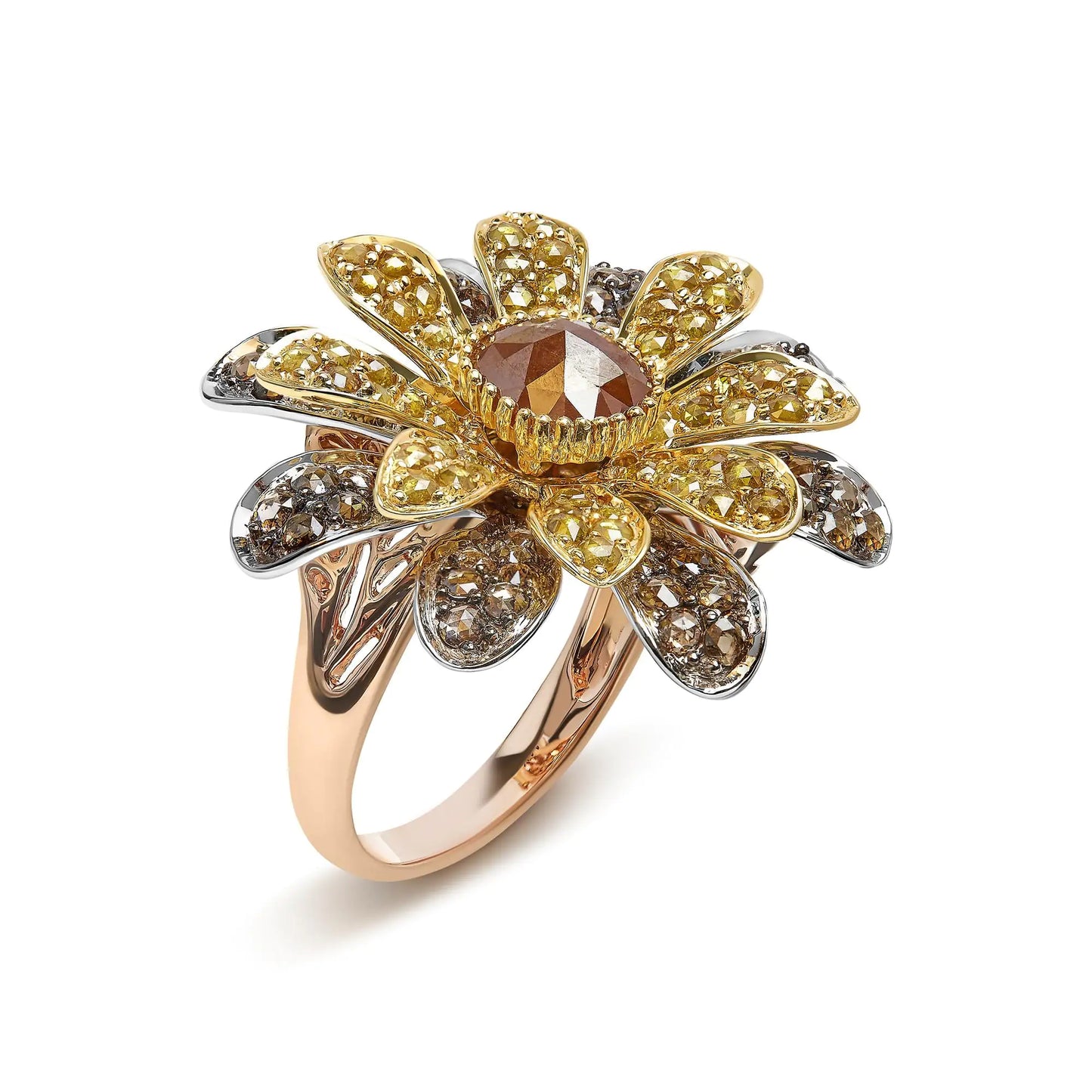 14K Tri-Toned 3 7/8 Cttw Rose Cut Diamond Cocktail Double Flower and PIntroducing a mesmerizing masterpiece, this 14K Tri-Toned Cocktail Ring is a symbol of elegance and grace. Crafted with love and care, this ring features a dazzling 14K Tri-Toned 3 78 Cttw Rose Cut Diamond Cocktail Double Flower14K Tri-Toned 3 78 Cttw Rose Cut Diamond Cocktail Double Flower