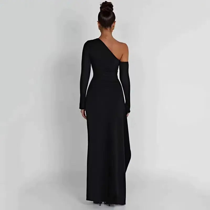 Slant Off-Shoulder High-Slit Evening DressIndulge in luxury and grace with our Slant Off-Shoulder High-Slit Evening Dress. The elegant slant neckline and daring high-slit create a striking silhouette, while SlantSlant