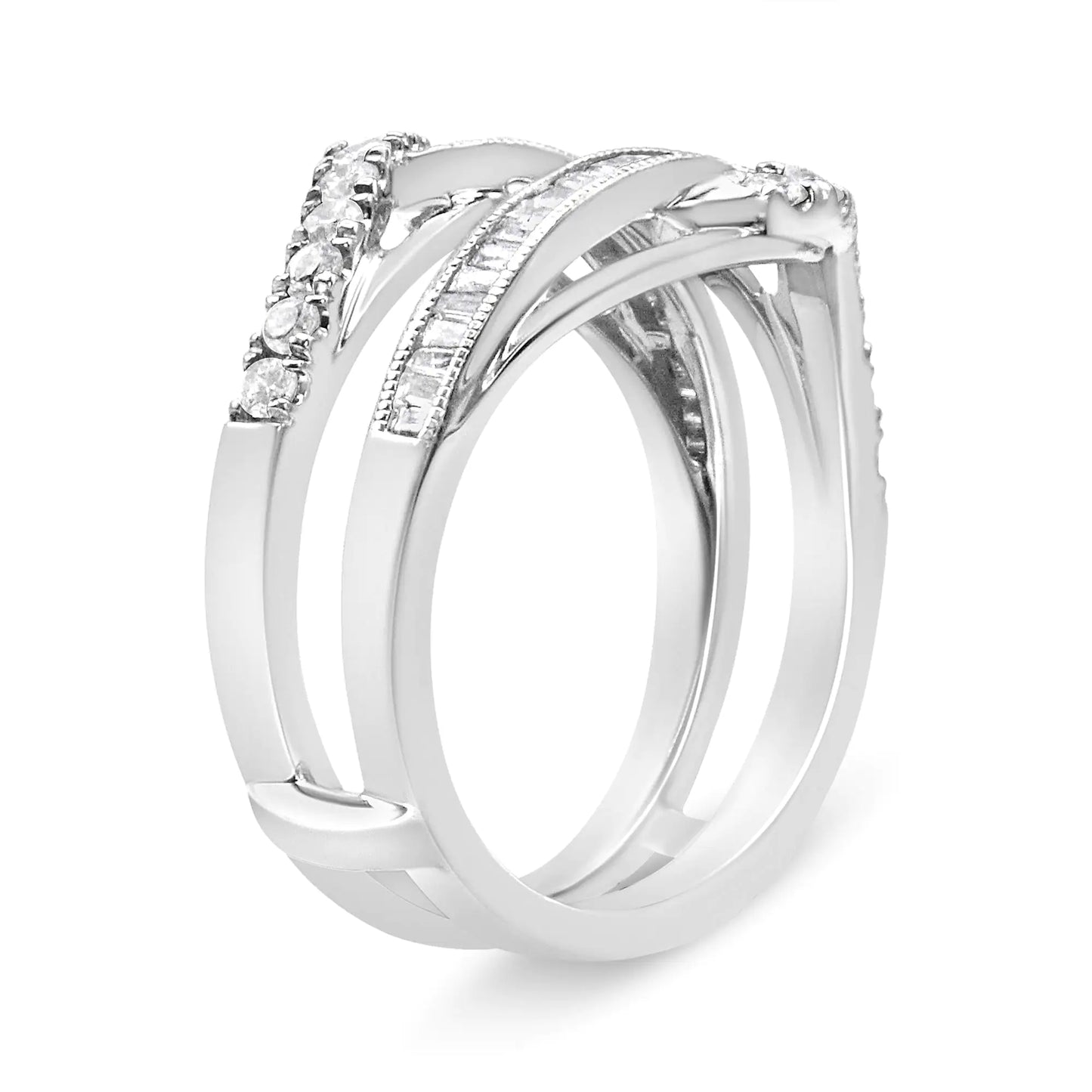 14K White Gold 0.65 Cttw Round and Baguette Invisible-Set Diamond EnhaThis sparkling ring enhancer is a piece that will instantly elevate her bridal or diamond solitaire ring. The look displays a top and bottom row of round diamonds in14K White Gold 014K White Gold 0