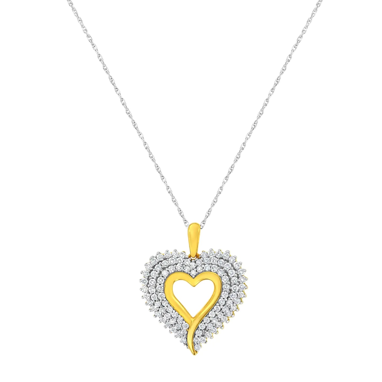 10K Yellow and White Gold Plated Sterling Silver 1 cttw Lab Grown DiamThis beautiful heart pendant necklace is created in the finest 10k yellow and white gold plated sterling silver, and boasts an impressive 1 ct tdw. The sparkling, roWhite Gold Plated Sterling Silver 1 cttw Lab Grown Diamond Heart Pendant Necklace NecklacesWhite Gold Plated Sterling Silver 1 cttw Lab Grown Diamond Heart Pendant Necklace 