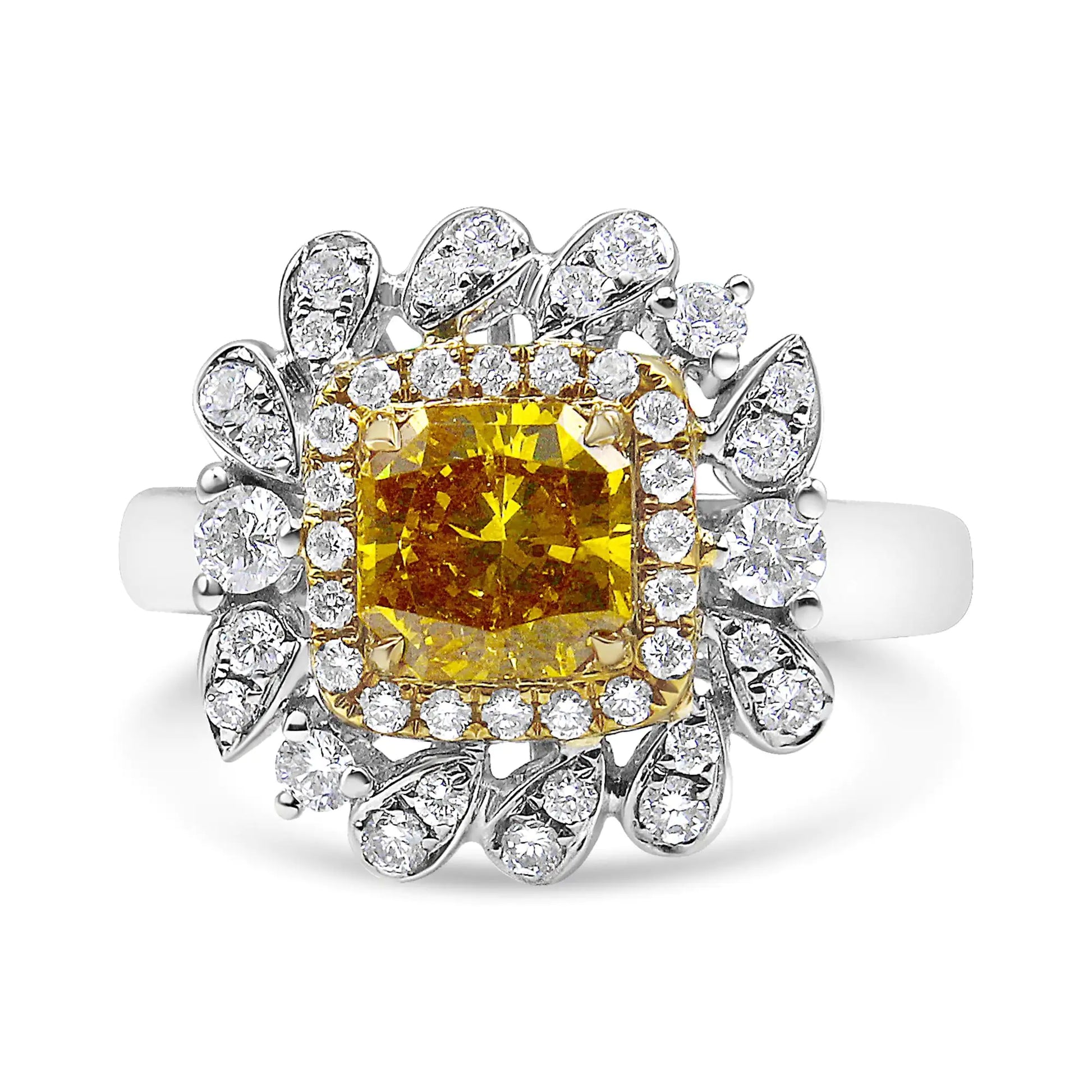 18K White and Yellow Gold 1.76 Cttw Yellow Radiant Lab Grown Center DiBrilliantly designed in an art-deco yet modern style, this glamorous fashion engagement ring showcases a central radiant-cut, lab-grown diamond in a stunning yellow 76 Cttw Yellow Radiant Lab Grown Center Diamond Double Halo Cocktail Ring Yellow76 Cttw Yellow Radiant Lab Grown Center Diamond Double Halo Cocktail Ring Yellow