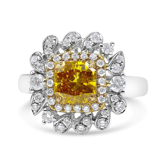 18K White and Yellow Gold 1.76 Cttw Yellow Radiant Lab Grown Center DiBrilliantly designed in an art-deco yet modern style, this glamorous fashion engagement ring showcases a central radiant-cut, lab-grown diamond in a stunning yellow 76 Cttw Yellow Radiant Lab Grown Center Diamond Double Halo Cocktail Ring Yellow76 Cttw Yellow Radiant Lab Grown Center Diamond Double Halo Cocktail Ring Yellow