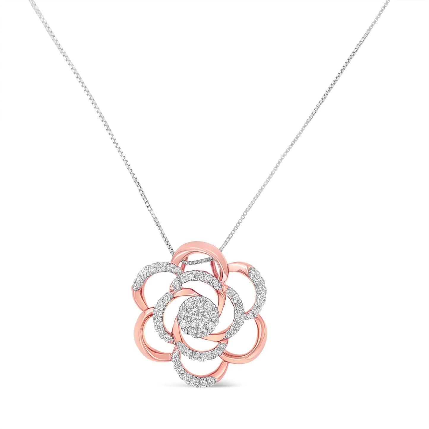 10K Rose Gold Plated Flower Accent Pendant Necklace with 1/2 cttw RounDefine your look with this alluring diamond pendant. Formed in the shape of a flower, the pendant is created with ten karats gold and polished high to shine with ros10K Rose Gold Plated Flower Accent Pendant NecklaceNecklace10K Rose Gold Plated Flower Accent Pendant Necklace