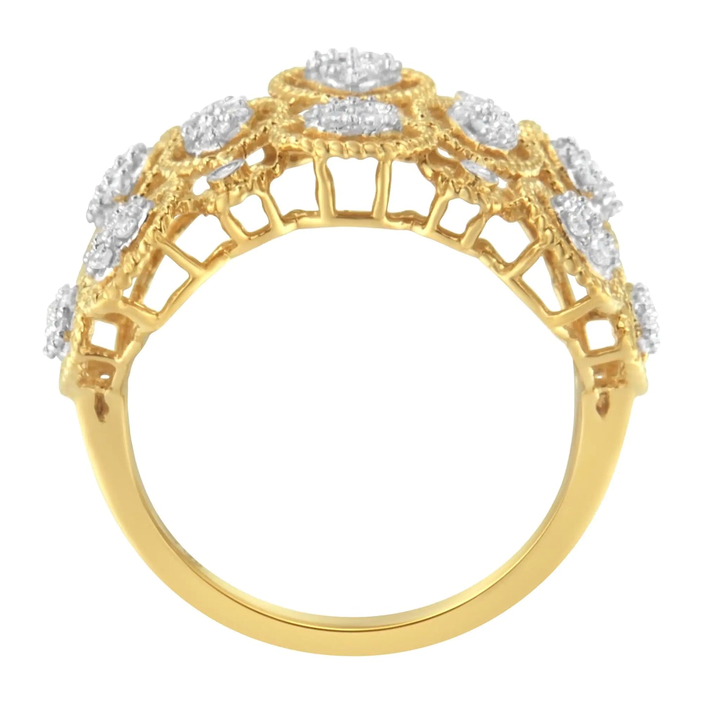 14K Yellow Gold Diamond Art Deco Ring (1/2 Cttw, H-I Color, I1 ClarityThis 14kt yellow gold band brings a mix of a art deco looks with floral elegance to your hand. Pear-inspired clusters and bezel accents are interwoven within a latti14K Yellow Gold Diamond Art Deco Ring 12 Cttw14K Yellow Gold Diamond Art Deco Ring 12 Cttw