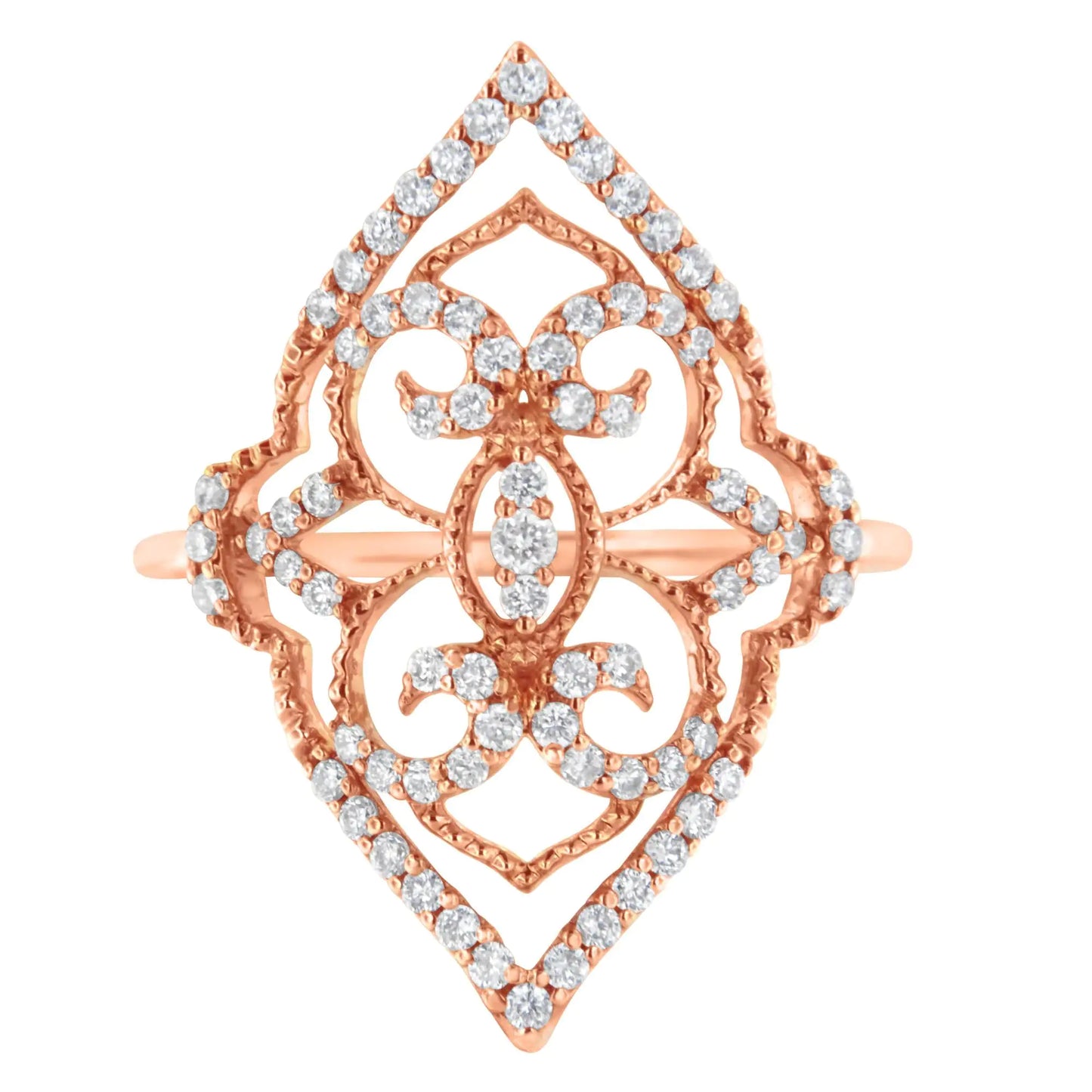 10K rose gold diamond cocktail ring with intricate scrolled motif and central diamond cluster.