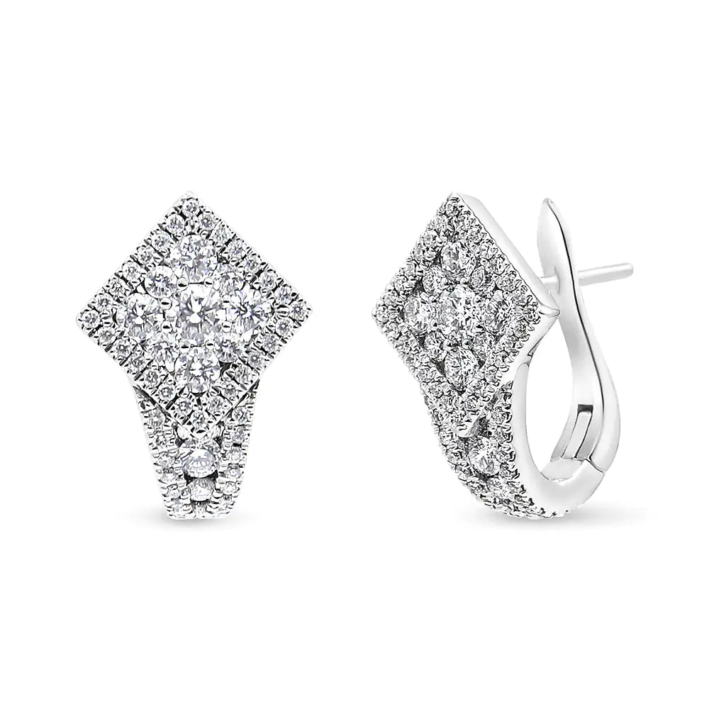 18K white gold round diamond cluster huggie earrings with halo design.