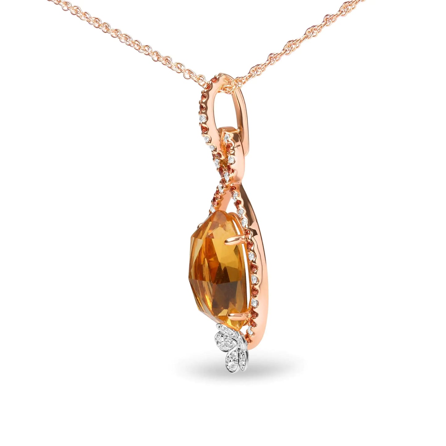 18K Rose Gold 1/5 Cttw Diamond and Oval Yellow Citrine and Round OrangIn a halo teardrop motif of genuine 18k rose gold, this pendant necklace makes an awe-inspiring impression comprised of natural gemstones and diamonds. At the center18K Rose Gold 15 Cttw Diamond18K Rose Gold 15 Cttw Diamond