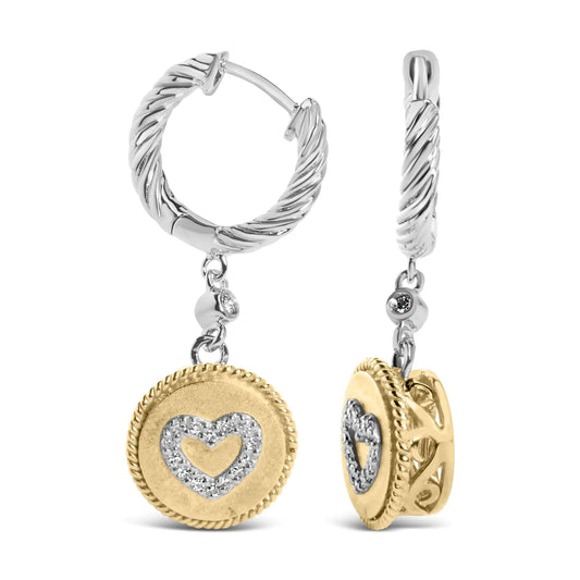 18K Yellow Gold Plated .925 Sterling Silver 1/8 Cttw Diamond Heart MedIndulge in elegance and sophistication with our 18K Yellow Gold Plated .925 Sterling Silver Diamond Heart Medallion Drop and Dangle Earrings. Each earring features a18K Yellow Gold Plated18K Yellow Gold Plated