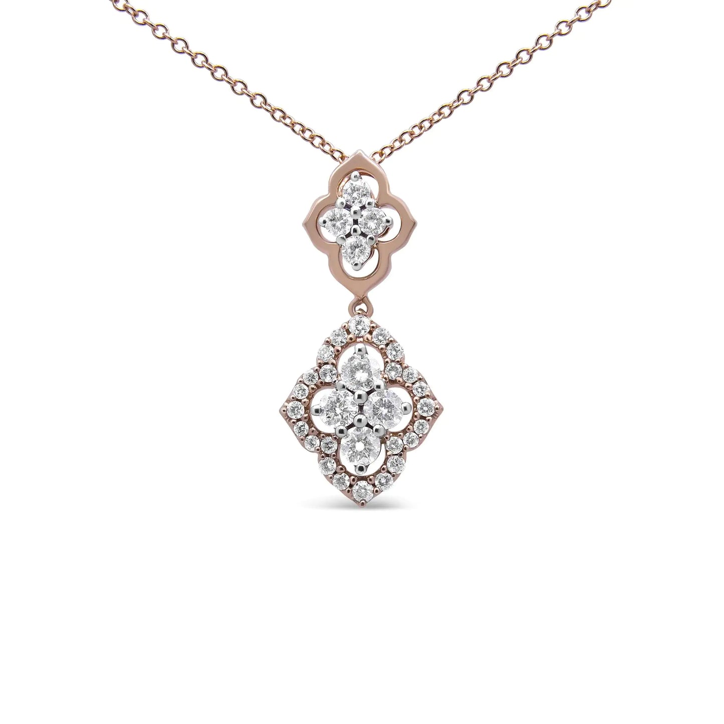 14K Rose Gold 3/4 Cttw Round Diamond Double Quatrefoil Pendant 18" NecAccent your outfits with this exquisite diamond pendant necklace. This geometrically-inspired pendant features two unique quatrefoil designs. The top quatrefoil feat14K Rose Gold 34 Cttw Round Diamond Double Quatrefoil Pendant 18" Necklace 14K Rose Gold 34 Cttw Round Diamond Double Quatrefoil Pendant 18" Necklace 