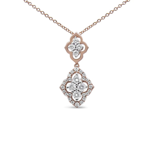 14K Rose Gold 3/4 Cttw Round Diamond Double Quatrefoil Pendant 18" NecAccent your outfits with this exquisite diamond pendant necklace. This geometrically-inspired pendant features two unique quatrefoil designs. The top quatrefoil feat14K Rose Gold 34 Cttw Round Diamond Double Quatrefoil Pendant 18" Necklace 14K Rose Gold 34 Cttw Round Diamond Double Quatrefoil Pendant 18" Necklace 