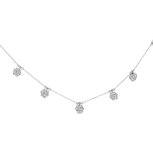 10K white gold necklace with 3.0 cttw round-cut diamond clusters.