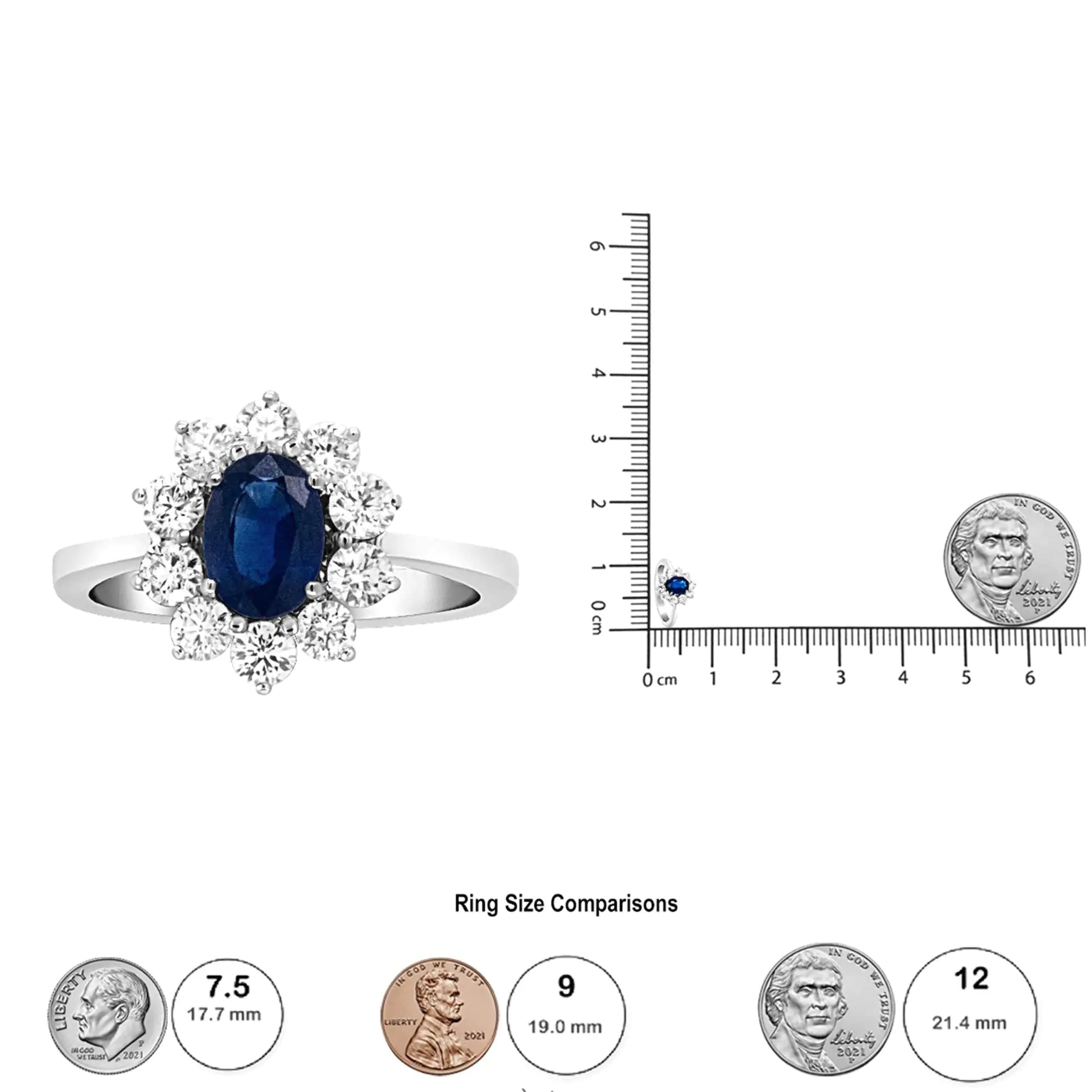 18K White Gold Oval Cut Blue Sapphire  Sunburst Halo RingA ring that mirrors that of Diane's, this 18k white gold is beautifully set with a deep blue sapphire gemstone at its center. This 7x5mm stone is flanked by a floral18K White Gold Oval Cut Blue Sapphire Sunburst Halo RingRings18K White Gold Oval Cut Blue Sapphire Sunburst Halo Ring