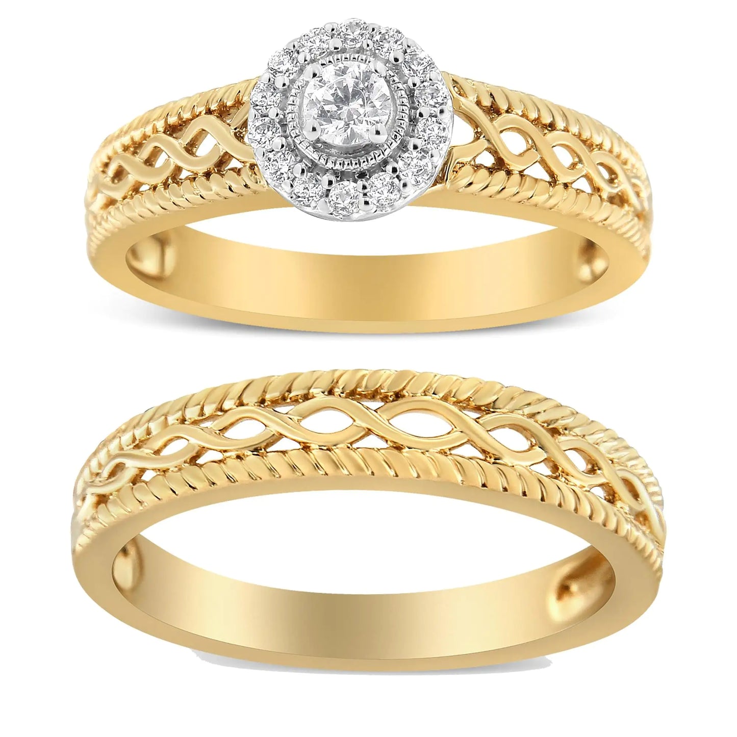 14K Yellow Gold Plated .925 Sterling Silver 1/5 Cttw Diamond Halo EngaCelebrate eternal love with this exquisite engagement ring and wedding band set, masterfully crafted in 14K yellow gold-plated .925 sterling silver. The ensemble fea14K Yellow Gold Plated14K Yellow Gold Plated