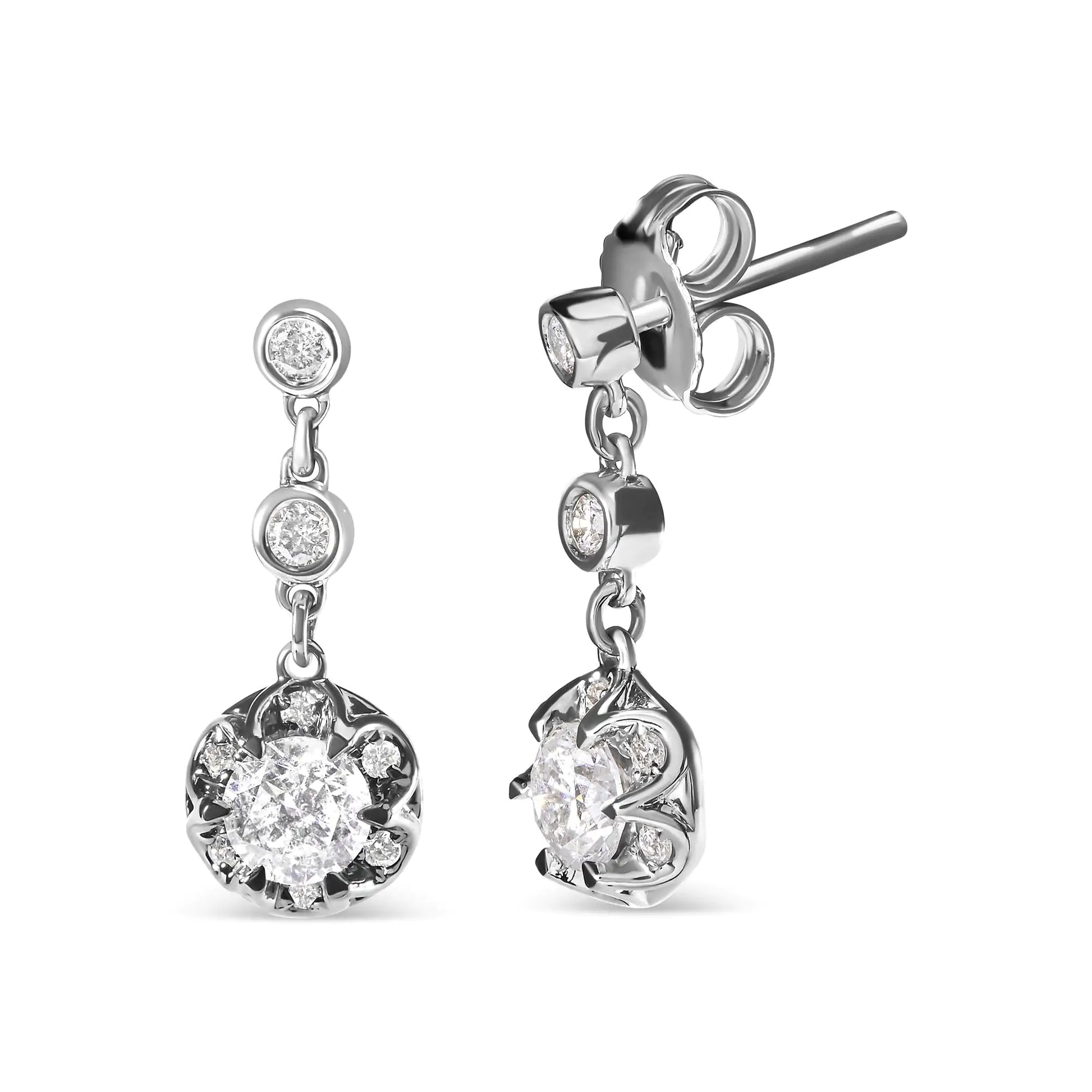 14k White Gold 5/8 Cttw Diamond Halo Drop and Dangle Earrings Stud witIndulge in the luxurious beauty of these 14k White Gold Diamond Halo Drop and Dangle Earrings. The exquisite design features a stunning array of 18 natural round dia14k White Gold 58 Cttw Diamond Halo DropEarrings14k White Gold 58 Cttw Diamond Halo Drop