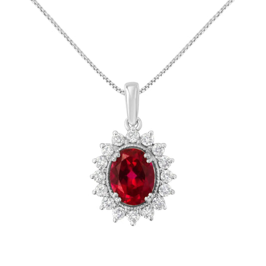 10K white gold pendant necklace with 9MM ruby gemstone and diamond halo.