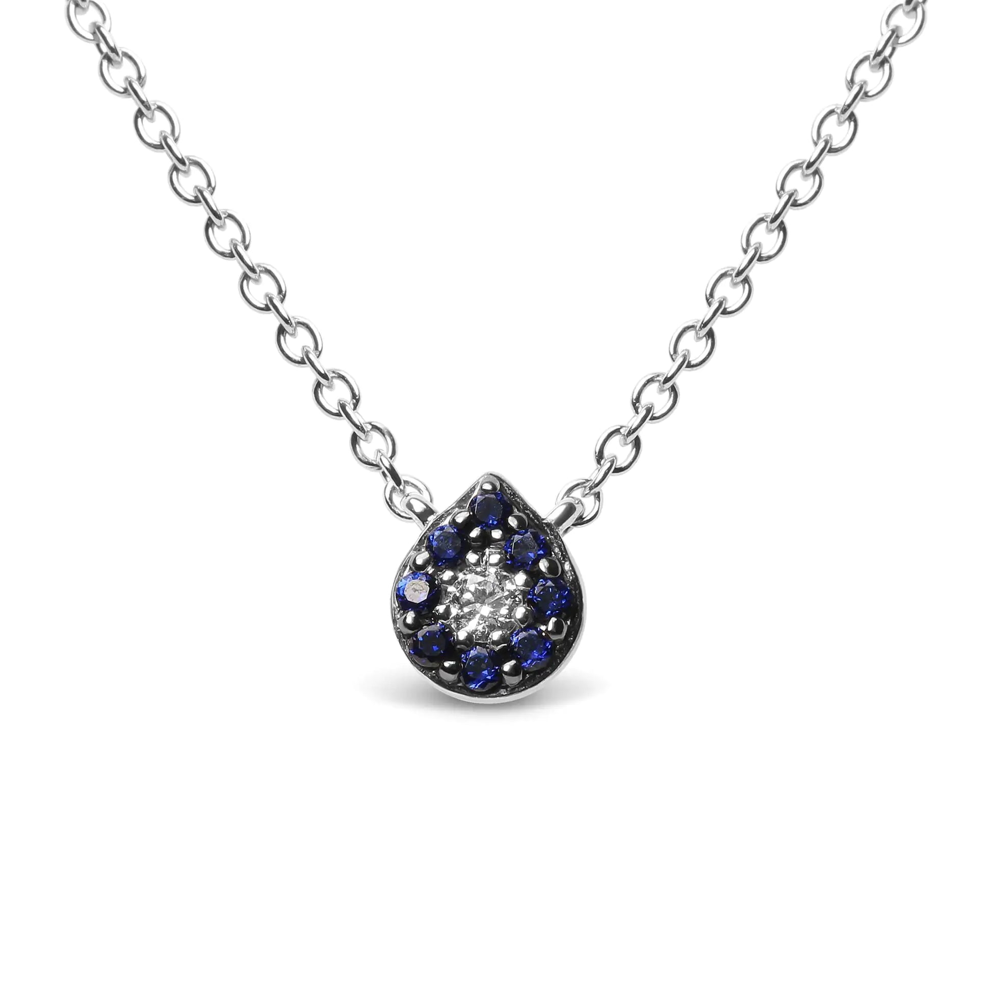 Exquisite 18K White Gold Pendant Necklace with Diamond and Blue Sapphire Halo