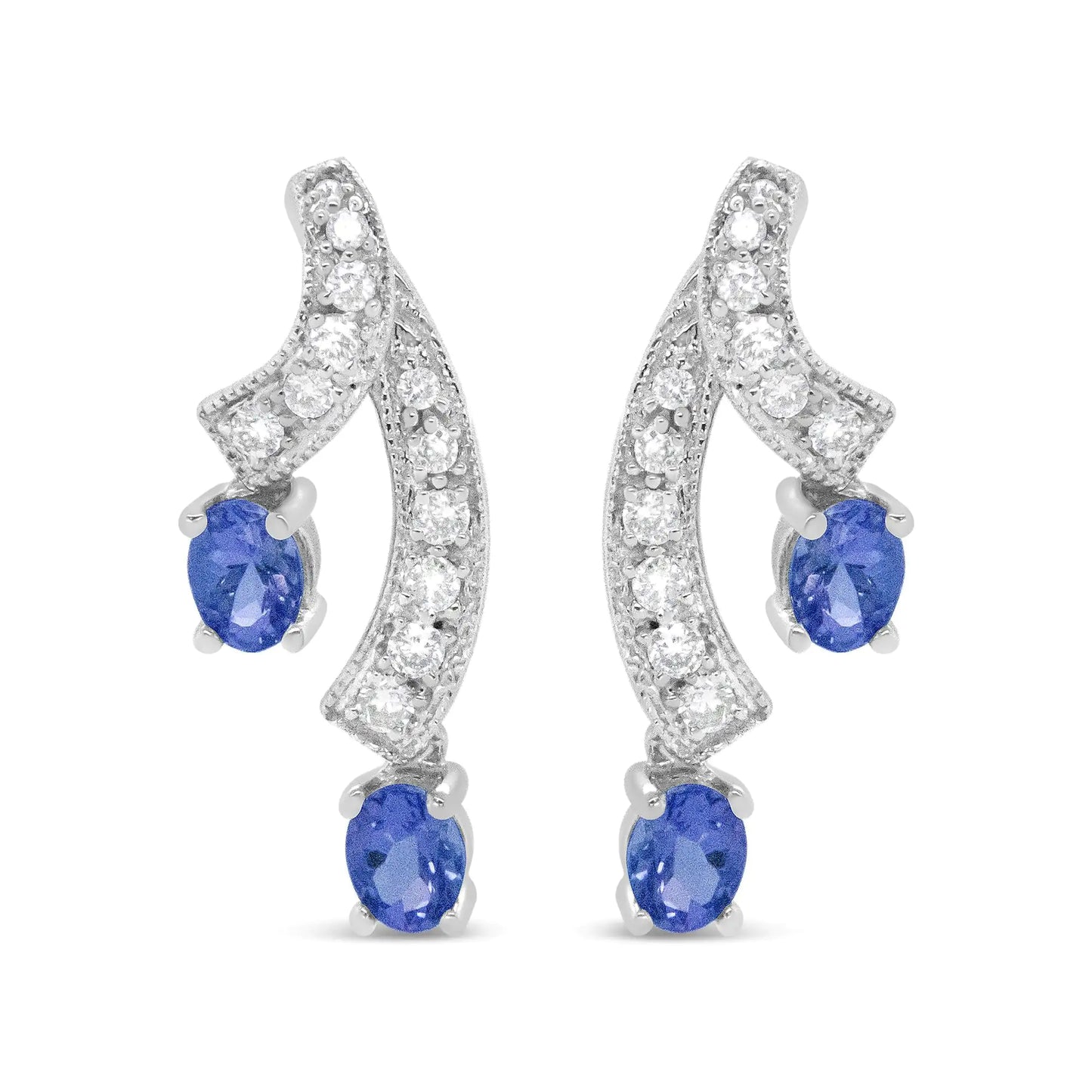 14K White Gold Ribbon Twist Tanzanite and Diamond Drop Earrings with elegant blue gemstones.