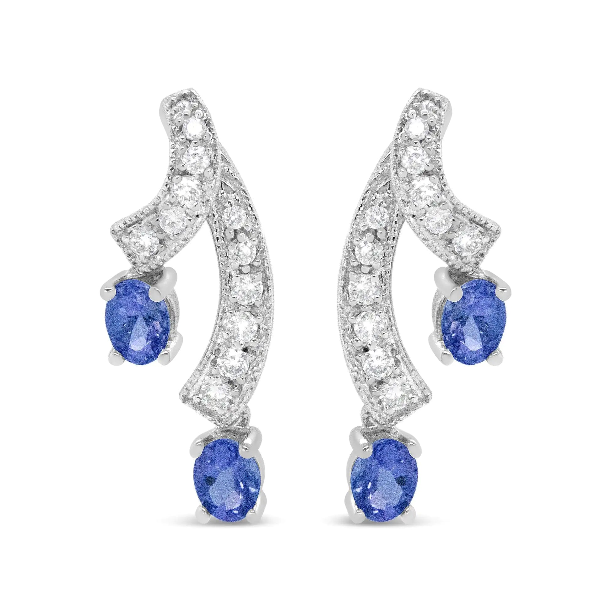 14K White Gold Ribbon Twist Tanzanite and Diamond Drop Earrings with elegant blue gemstones.