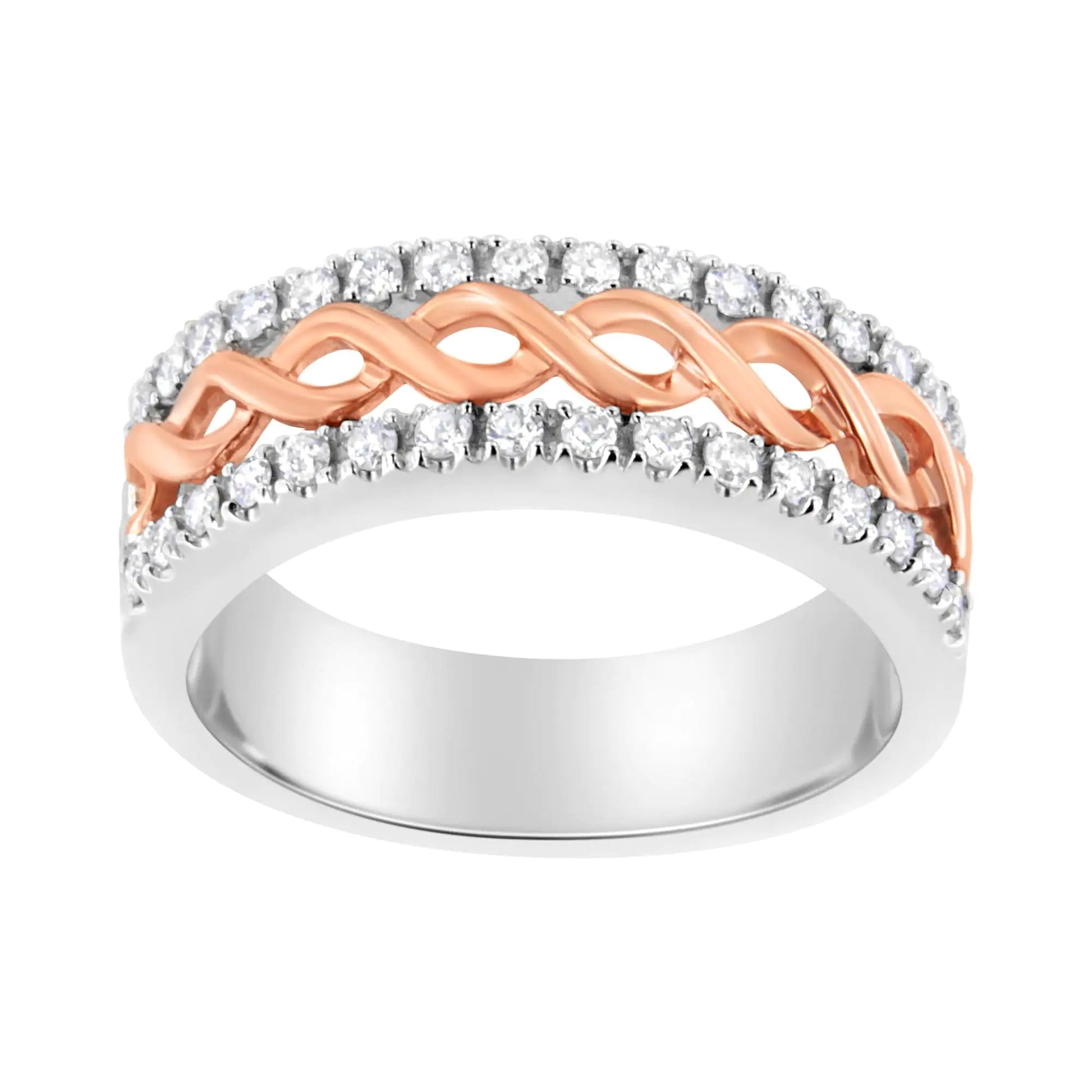 10K white and rose gold split shank infinity ribbon diamond ring, 1/3 cttw, I-J color, I1-I2 clarity.