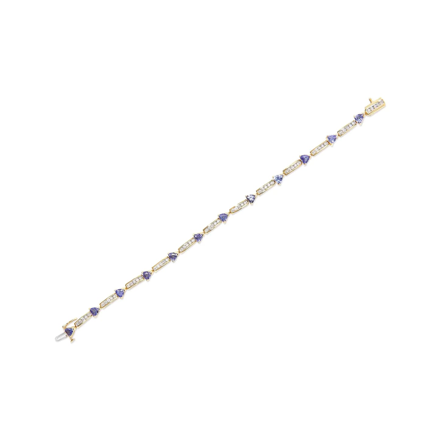 14K Yellow 5MM Trillion Cut Blue Tanzanite and 1 1/10 Cttw Diamond TenThis stunning 14K yellow gold bracelet is the perfect addition to your jewelry collection. It features 12 gorgeous trillion cut blue tanzanite stones, each measuring14K Yellow 5MM Trillion Cut Blue TanzaniteBracelet14K Yellow 5MM Trillion Cut Blue Tanzanite